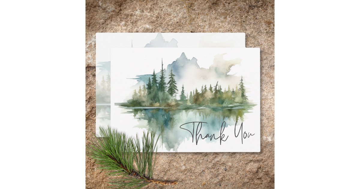Rustic Mountain Lake Scene Watercolor Wedding Thank You Card | Zazzle