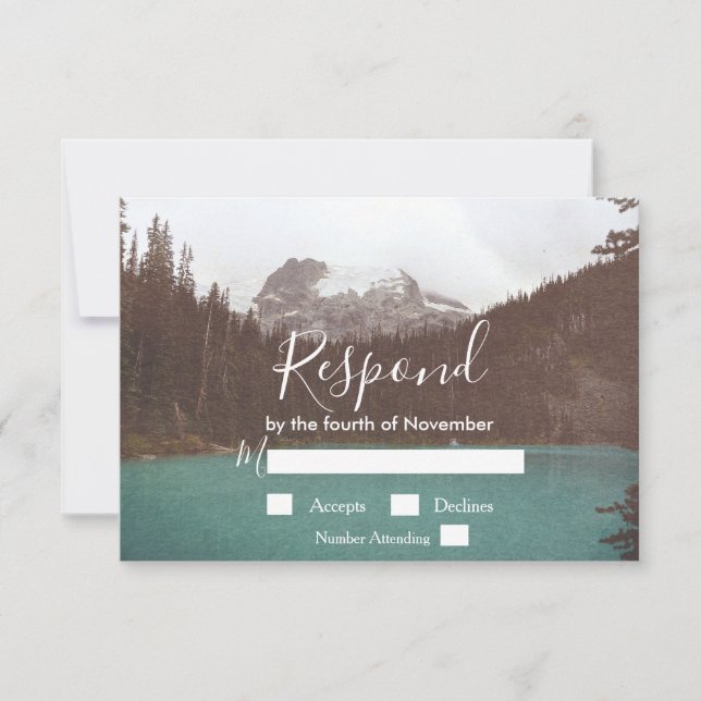 Rustic Mountain Lake Tree Forest Wedding RSVP Card (Front)