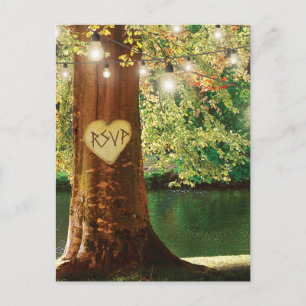 Rustic Mountain Lake Twinkle Lights Wedding RSVP Invitation Postcard