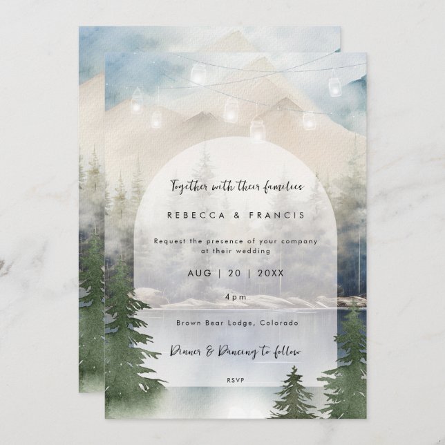 rustic mountain lake wedding invitation (Front/Back)