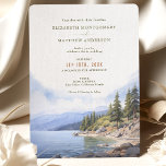 Rustic Mountain Lake Wedding Lake Tahoe Invitation<br><div class="desc">Invite your guests to your special day with our Rustic Mountain Lake Wedding Invitation, featuring the breathtaking scenery of Lake Tahoe. The front of the card showcases elegant typography in warm tones of taupe, beige, and sandy brown, set against a beautiful watercolor illustration of the pristine lake, rocky shores, and...</div>
