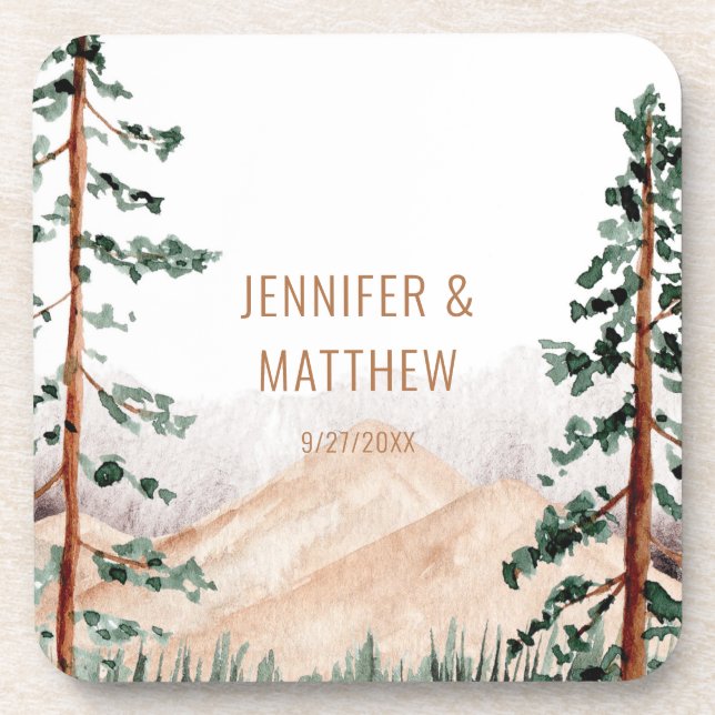 Rustic Mountain Landscape, Fog, Pine Trees Wedding Beverage Coaster (Front)