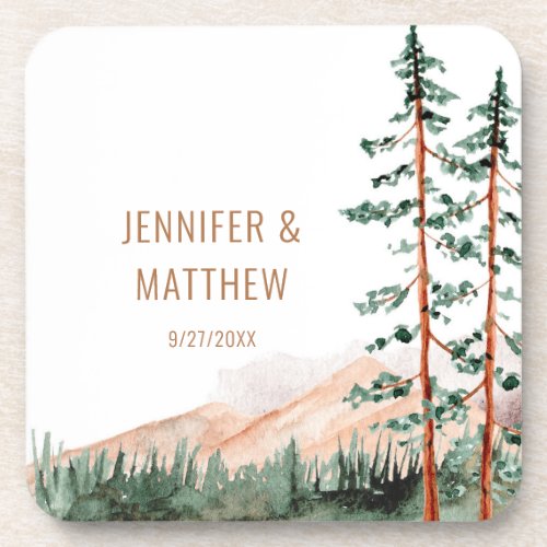 Rustic Mountain Landscape Fog Pine Trees Wedding Beverage Coaster