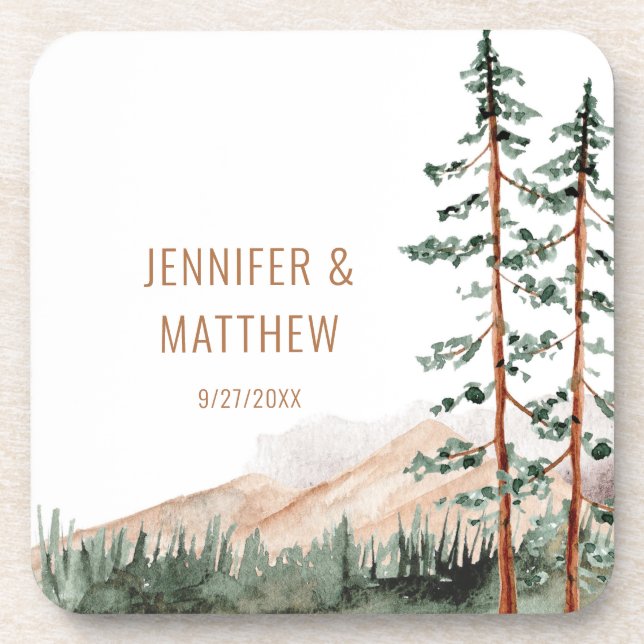 Rustic Mountain Landscape, Fog, Pine Trees Wedding Beverage Coaster (Front)