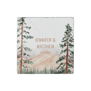 Rustic Mountain Landscape, Fog, Pine Trees Wedding Stone Magnet
