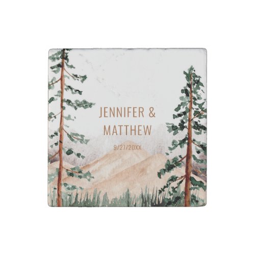 Rustic Mountain Landscape Fog Pine Trees Wedding Stone Magnet