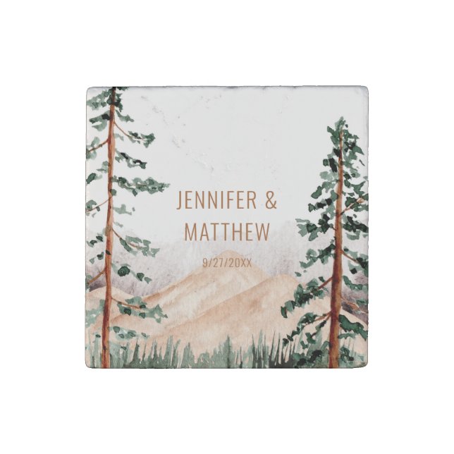 Rustic Mountain Landscape, Fog, Pine Trees Wedding Stone Magnet (Front)