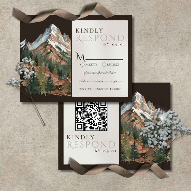 Rustic Mountain Landscape Watercolor Wedding QR  RSVP Card (Rustic Mountain Landscape Watercolor Wedding QR RSVP Card)