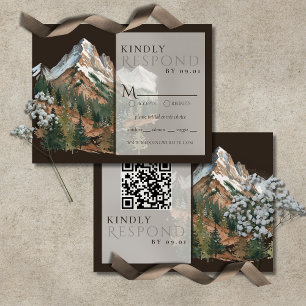 Rustic Mountain Landscape Watercolor Wedding QR  RSVP Card