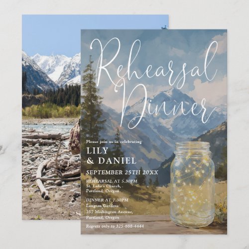Rustic Mountain Mason Jar Rehearsal Dinner Photo Invitation