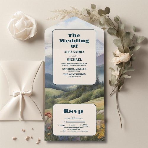 Rustic Mountain Meadow Wedding All In One Invitation