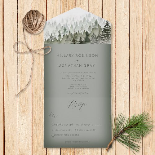 Rustic Mountain Mist Forest Green Dinner All In One Invitation