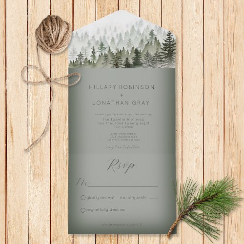 Rustic Mountain Mist Forest Green No Dinner All In One Invitation