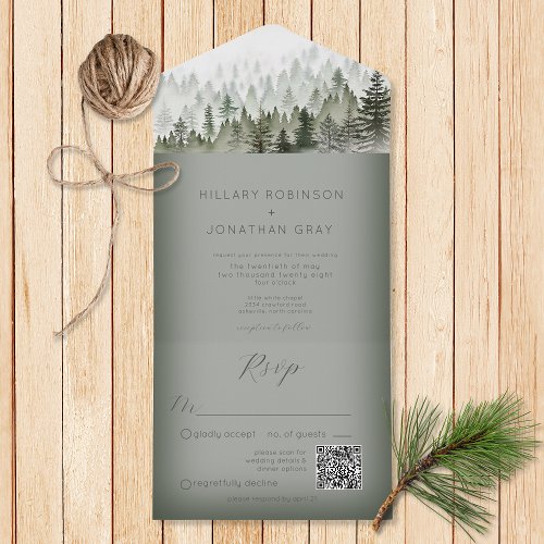 Rustic Mountain Mist Forest Green QR Code All In One Invitation
