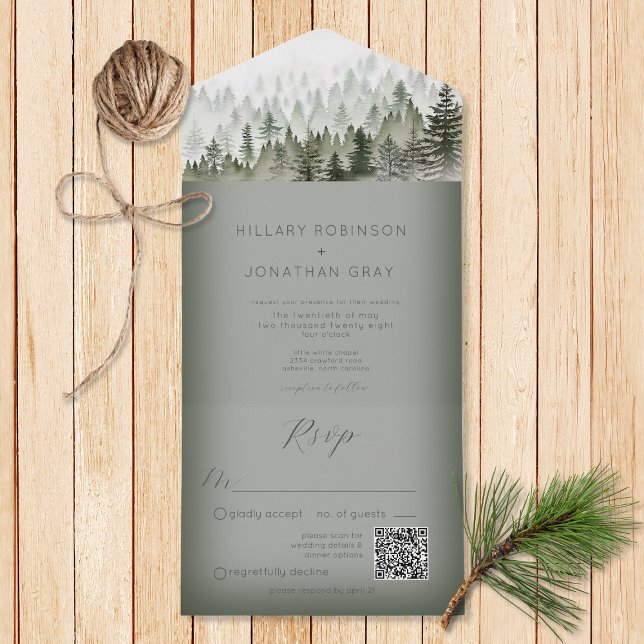 Rustic Mountain Mist Forest Green QR Code All In One Invitation (Also available without a QR code; with or without dinner selection options.)