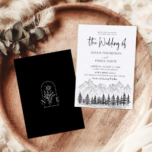 Rustic Mountain Pine Black White Minimal Wedding Invitation