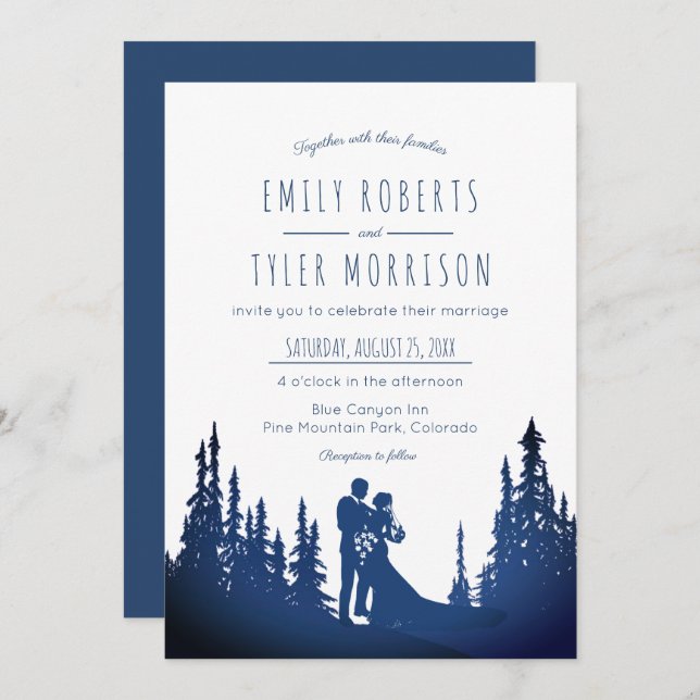Rustic Mountain Pine Forest Wedding - Blue © Invitation (Front/Back)