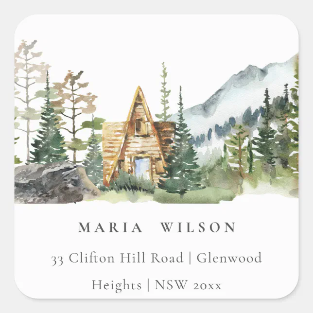Rustic Mountain Pine Forest Wood Cabin Address Square Sticker Zazzle