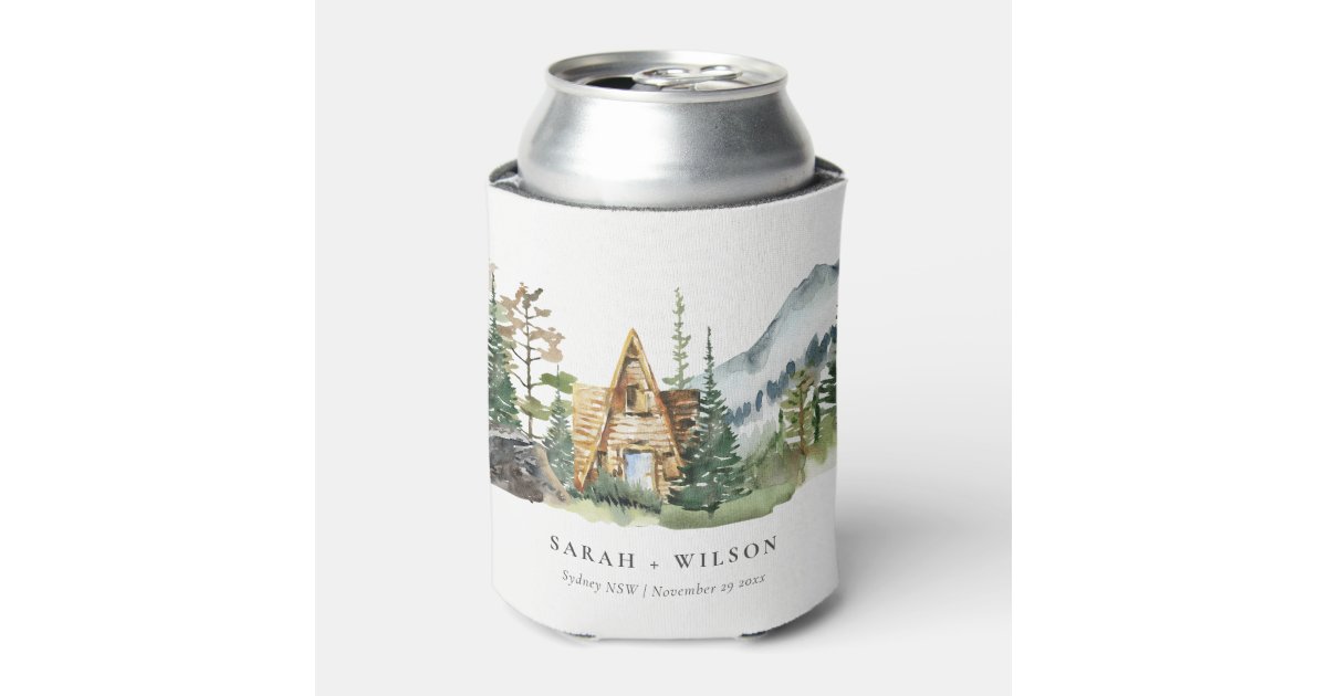 Rustic Mountain Pine Forest Wood Cabin Wedding Can Cooler | Zazzle
