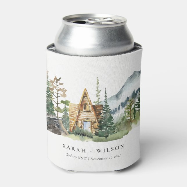 Rustic Mountain Pine Forest Wood Cabin Wedding Can Cooler (Can Front)