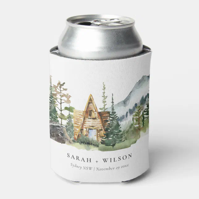 Rustic Mountain Pine Forest Wood Cabin Wedding Can Cooler | Zazzle