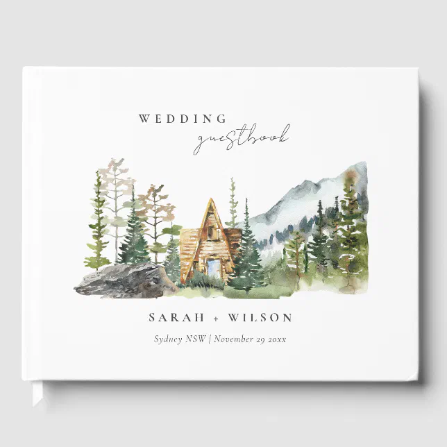 Rustic Mountain Pine Forest Wood Cabin Wedding Guest Book | Zazzle
