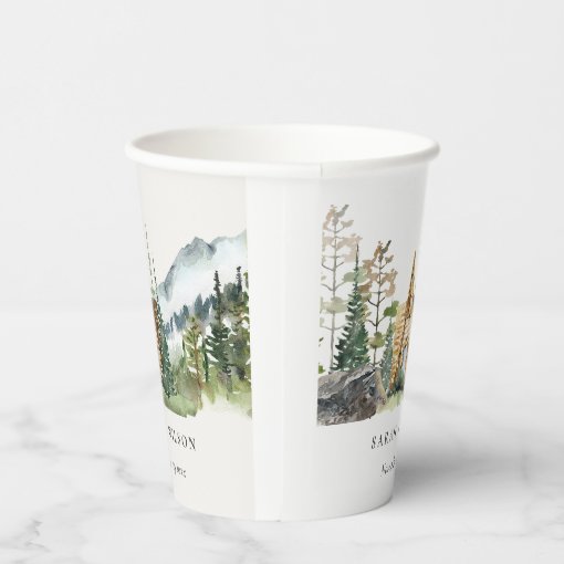 Rustic Mountain Pine Forest Wood Cabin Wedding Paper Cups | Zazzle
