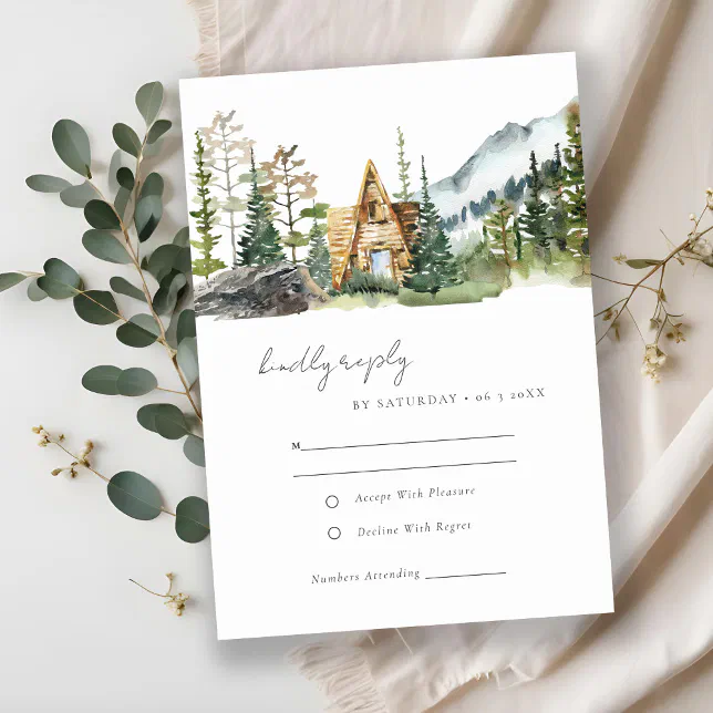 Rustic Mountain Pine Forest Wood Cabin Wedding RSVP Card | Zazzle