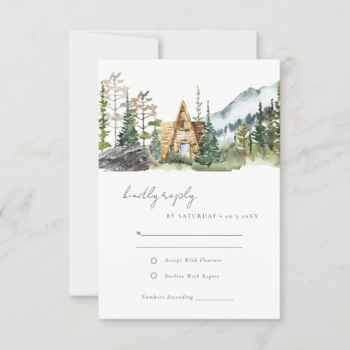 Rustic Mountain Pine Forest Wood Cabin Wedding RSVP Card