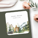 Rustic Mountain Pine Forest Wood Cabin Wedding Square Sticker<br><div class="desc">Rustic Mountain Forest Wood Cabin Theme Collection.- it's an elegant script watercolor Illustration of  mountain cabin pine forest Perfect for your Country destination wedding & parties. It’s very easy to customize,  with your personal details. If you need any other matching product or customization,  kindly message via Zazzle.</div>