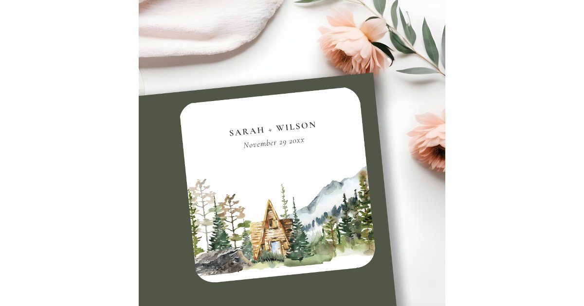 Rustic Mountain Pine Forest Wood Cabin Wedding Square Sticker | Zazzle