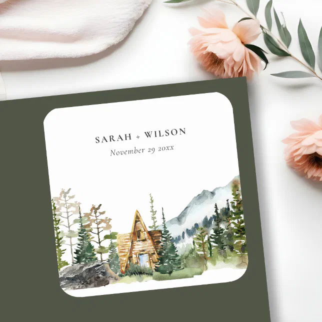 Rustic Mountain Pine Forest Wood Cabin Wedding Square Sticker | Zazzle