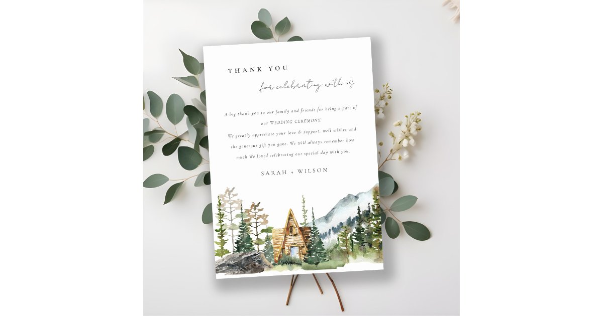 Rustic Mountain Pine Forest Wood Cabin Wedding Thank You Card | Zazzle
