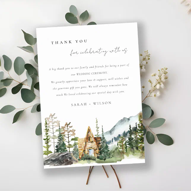 Rustic Mountain Pine Forest Wood Cabin Wedding Thank You Card | Zazzle