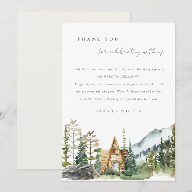 Rustic Mountain Pine Forest Wood Cabin Wedding Thank You Card | Zazzle