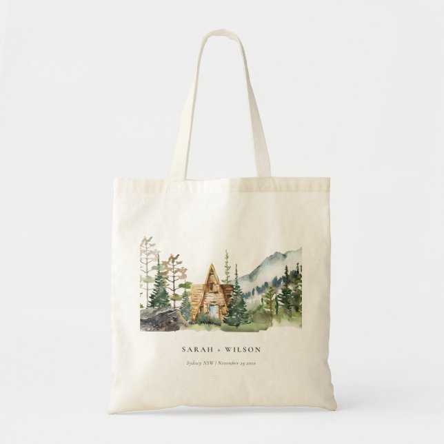 Rustic Mountain Pine Forest Wood Cabin Wedding Tote Bag (Front)