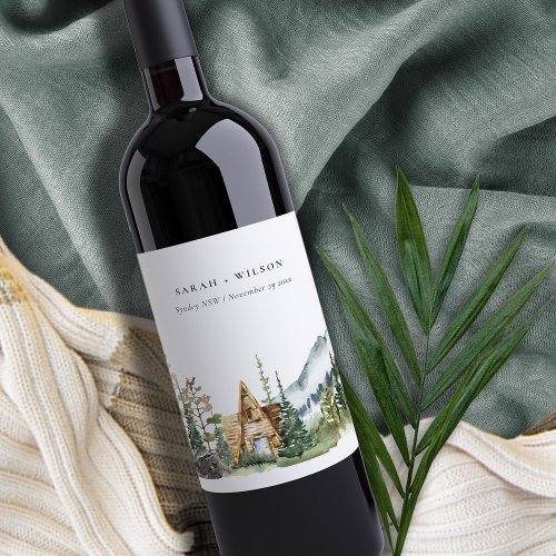 Rustic Mountain Pine Forest Wood Cabin Wedding Wine Label