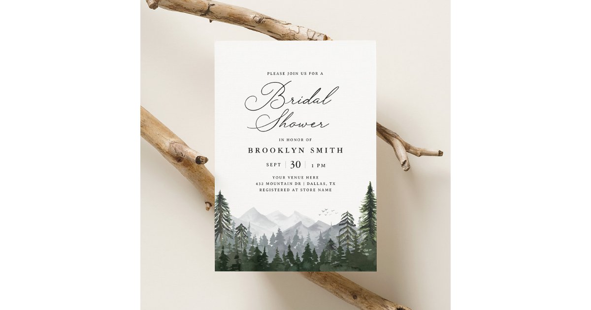 Rustic Mountain Pine Tree Bridal Shower Invitation | Zazzle
