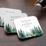 Rustic mountain pine tree forest wedding square paper coaster<br><div class="desc">Elegant simple minimal sage green wedding paper coaster favor decor featuring a classy stylish chic trendy calligraphy script and watercolor pine tree forest scenery.                      Easy to personalize with your details! Suitable for green forest adventure summer or winter destination weddings.</div>