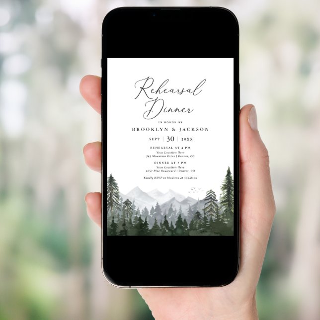  Rustic Mountain Pine Tree Rehearsal Dinner Invitation (Front Digital)
