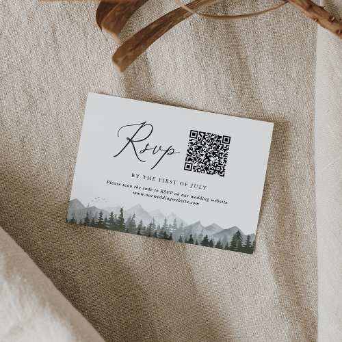 Rustic Mountain Pine Tree Wedding QR code RSVP Card