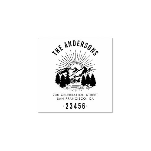 Rustic Mountain Pine Trees and Sun Return Address Rubber Stamp