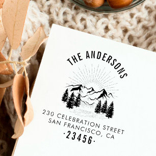 Rustic Mountain, Pine Trees and Sun Return Address Rubber Stamp