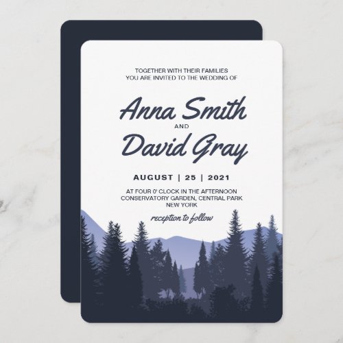 Rustic Mountain Pine Trees Blue Wedding Invitation