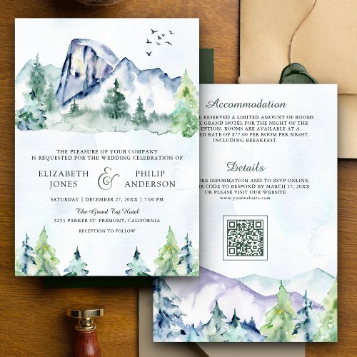 Rustic Mountain Pine Trees Forest QR Code Wedding Invitation