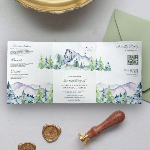 Rustic Mountain Pine Trees Forest QR Code Wedding Tri_Fold Invitation