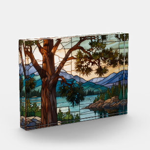 Rustic mountain range landscape stain glass acrylic award