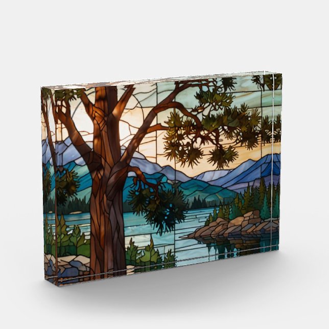 Rustic mountain range landscape stain glass  acrylic award (Left)