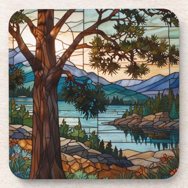Rustic mountain range landscape stain glass  beverage coaster (Front)