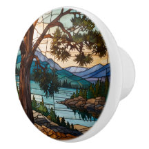 Rustic mountain range landscape stain glass